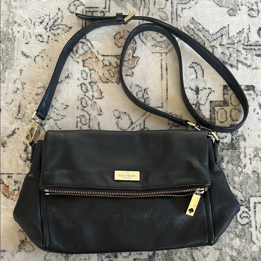Kate Spade Black Crossbody Bag with Silver Accents 100% Cow Leather Pink Satin